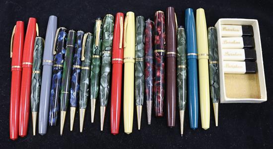 A collection of fountain pens and propelling pencils